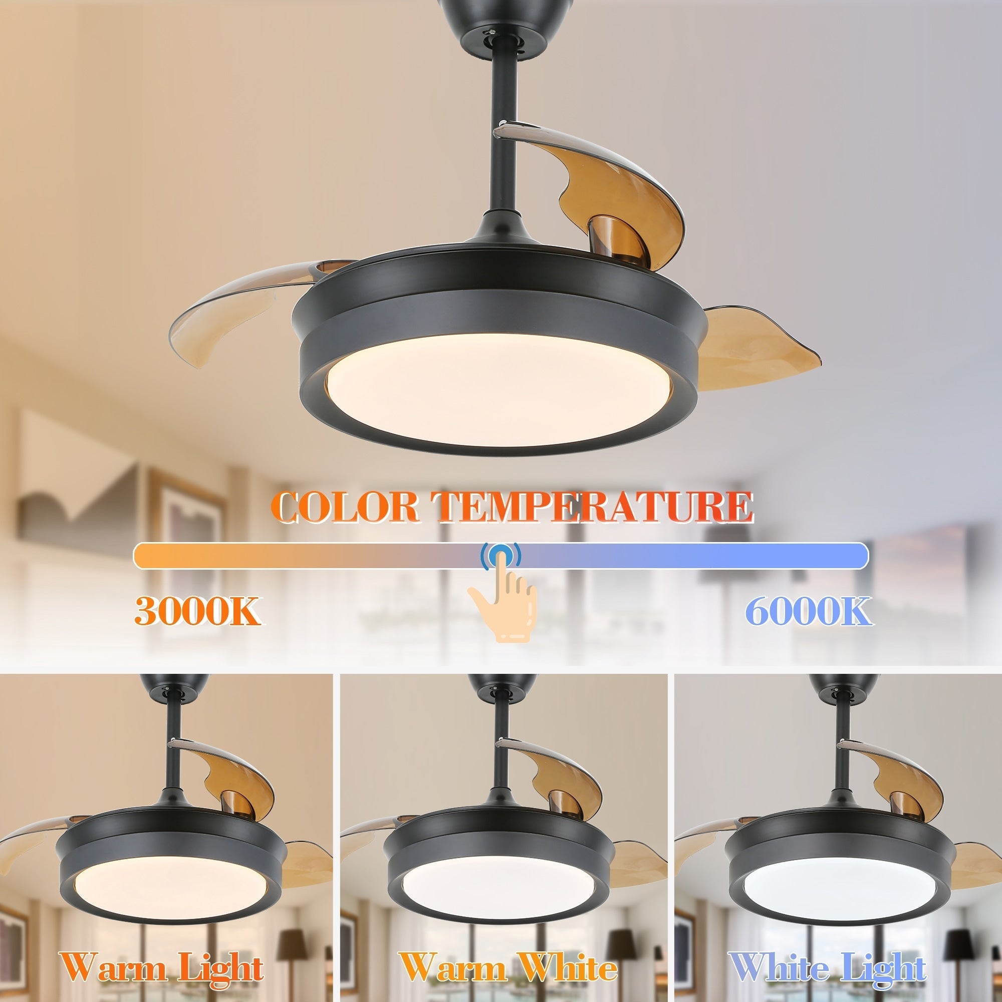 Bella Depot 36 Modern Retractable Ceiling Fan with Led Light, 6-Speed Reversible Blades with Remote