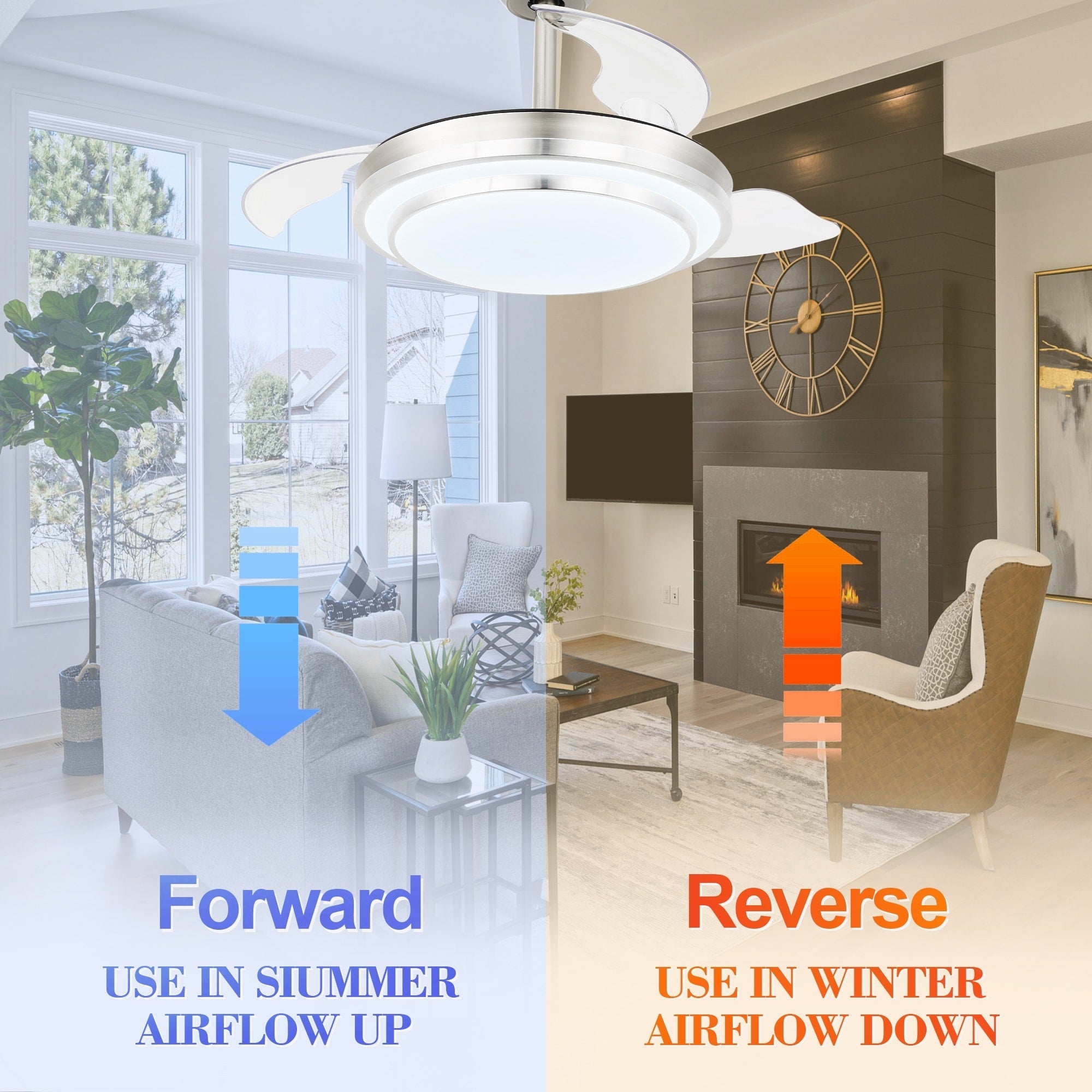 Bella Depot 36 Modern Retractable Ceiling Fan with Led Light, 6-Speed Reversible Blades with Remote