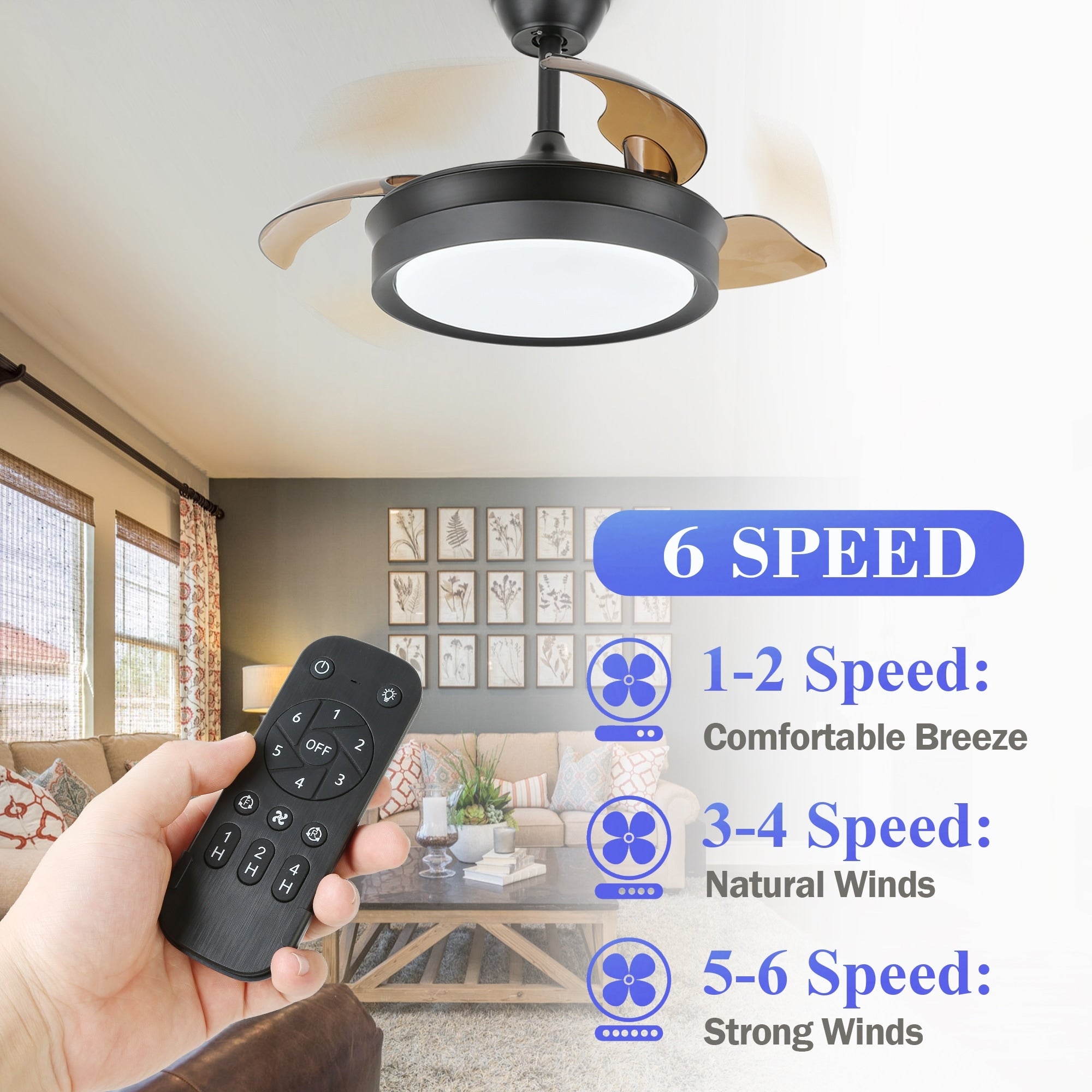 Bella Depot 36 Modern Retractable Ceiling Fan with Led Light, 6-Speed Reversible Blades with Remote