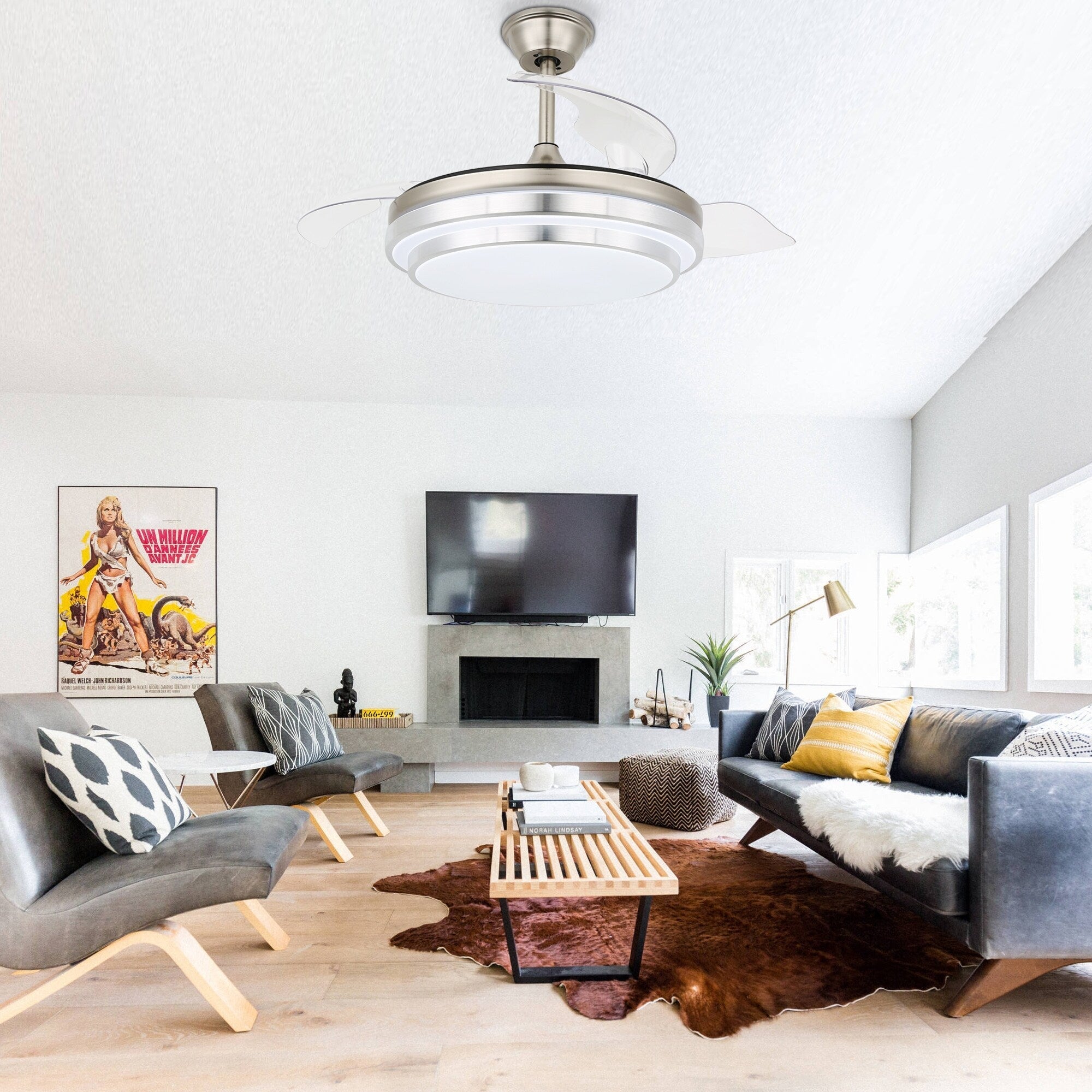 Bella Depot 36 Modern Retractable Ceiling Fan with Led Light, 6-Speed Reversible Blades with Remote